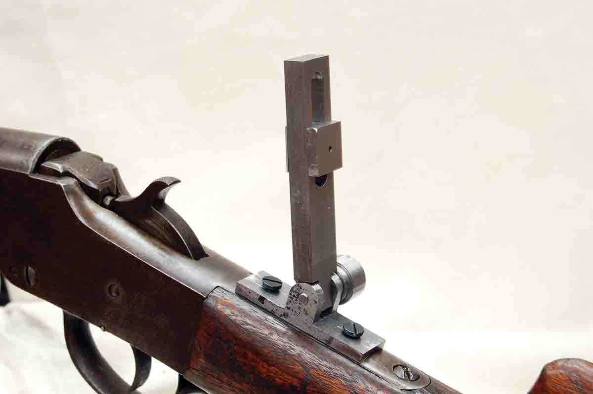 A sight mounted on the Hopkins & Allen project rifle. All sharp edges and square corners have yet to be removed.
